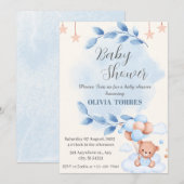 Blue Beige, teddybeer, ballonnen, Baby shower boy Kaart (Voorkant / Achterkant)