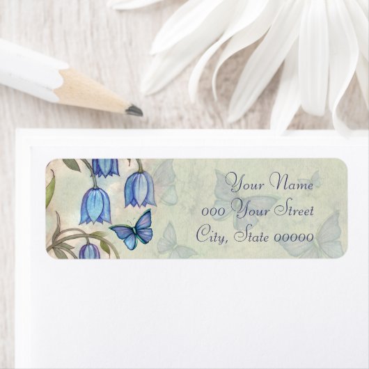 Blue Bell Vlinders Waterverf Bloemen Bruiloft Etiket (Insitu)