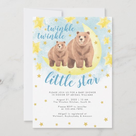 Blue Beren Gold Twinkle Little Star Baby shower Kaart (Voorkant)