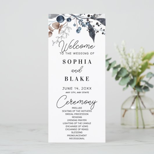 Blue Berries, Leaves en Greenery Wedding Programme (Staand voorkant)