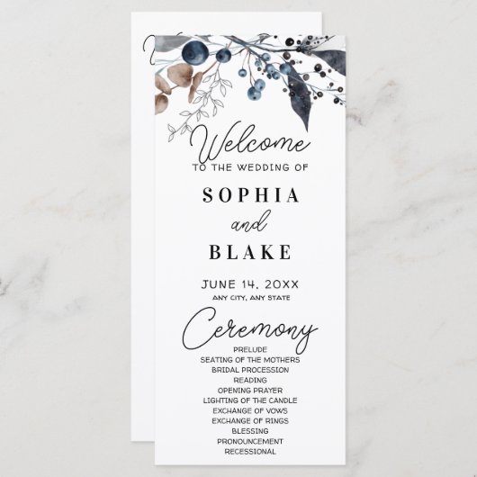 Blue Berries, Leaves en Greenery Wedding Programme (Voorkant / Achterkant)