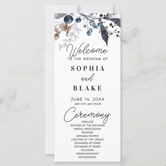 Blue Berries, Leaves en Greenery Wedding Programme (Voorkant)