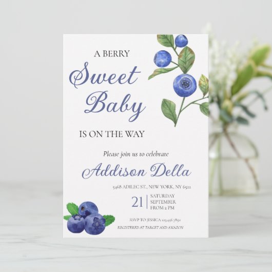 Blue Berry Sweet Baby shower Invitation Kaart (Staand voorkant)