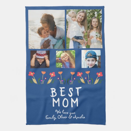 Blue Best mama Flowers 5 Photo Collage Keepslag Theedoek (Verticaal)