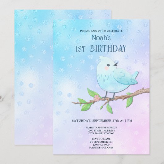 Blue Bird 1e verjaardag Kaart (Voorkant / Achterkant)