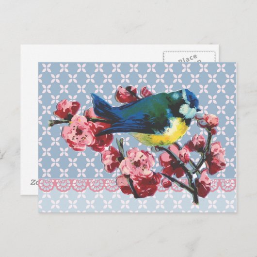 Blue Bird and Cherry Blossom Briefkaart (Voorkant / Achterkant)