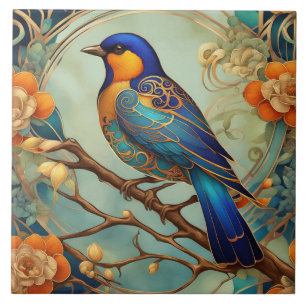 Blue Bird Art Nouveau Art Deco Sinaasappel & Mint Tegeltje