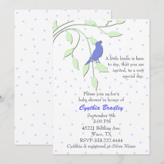 Blue Bird Baby shower Invitation Kaart (Voorkant / Achterkant)