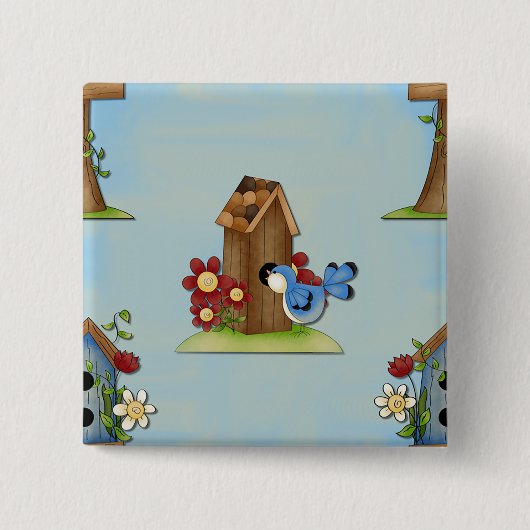 Blue Bird Birdhouse Vierkante Button 5,1 Cm (Voorkant)