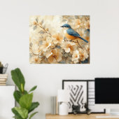 Blue Bird Blossoming Tree Painting Poster (Thuiskantoor)