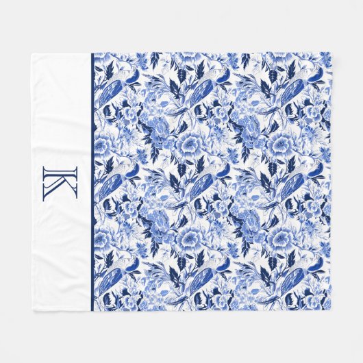 Blue Bird Chinoiserie Monogram  Fleece Deken (Voorkant (Horizontaal))