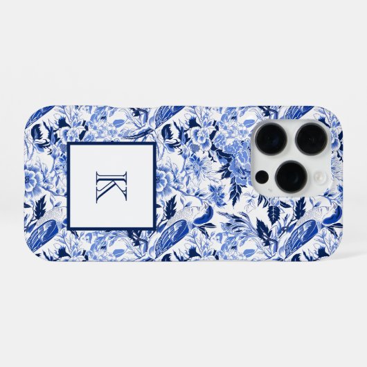 Blue Bird Chinoiserie Monogram  iPhone Hoesje (Achterkant horizontaal)