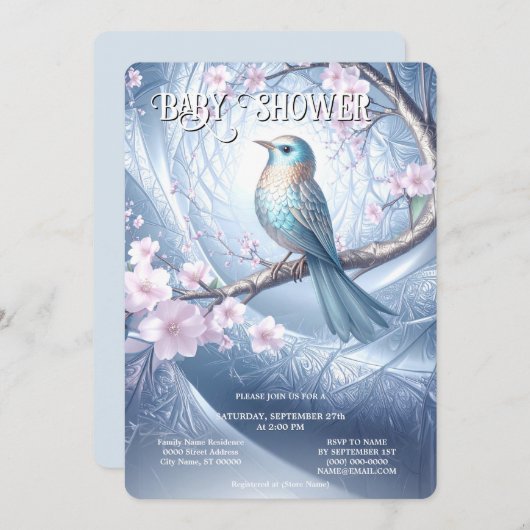 Blue Bird Floral Baby Shower Invitation Kaart (Voorkant / Achterkant)