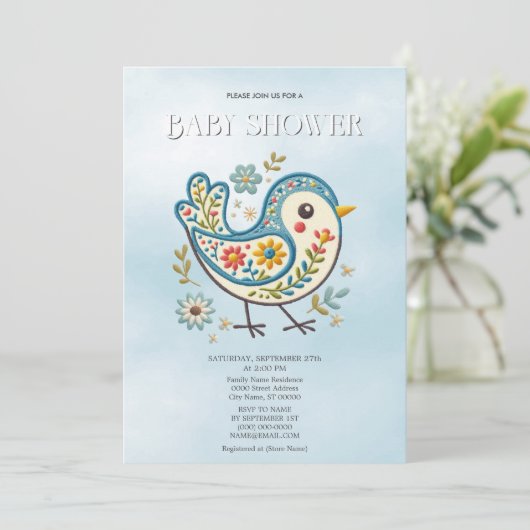 Blue Bird Floral Baby shower Kaart (Staand voorkant)
