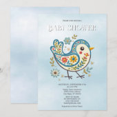 Blue Bird Floral Baby shower Kaart (Voorkant / Achterkant)