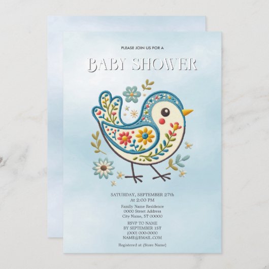 Blue Bird Floral Baby shower Kaart (Voorkant / Achterkant)