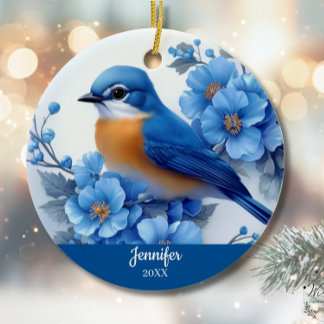 Blue Bird Floral Christmas North American Eastern Keramisch Ornament