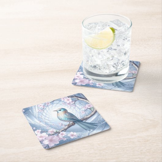 Blue Bird Floral Paper Coaster Kartonnen Onderzetters (Insitu)