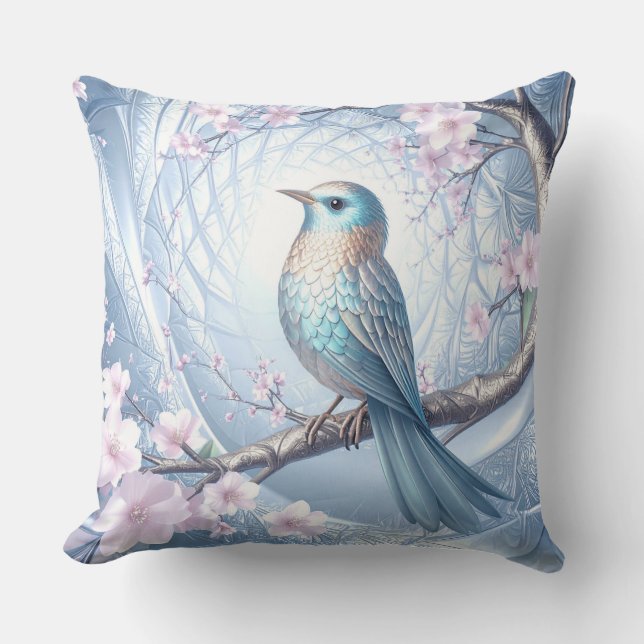 Blue Bird Floral Throw Pillow Kussen (Voorkant)