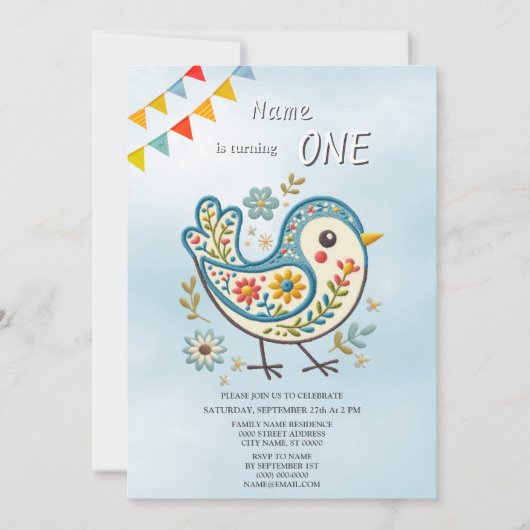 Blue Bird Floral verjaardagsfeest uitnodiging (Voorkant)