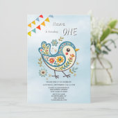 Blue Bird Floral verjaardagsfeest uitnodiging (Staand voorkant)