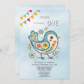 Blue Bird Floral verjaardagsfeest uitnodiging (Voorkant / Achterkant)