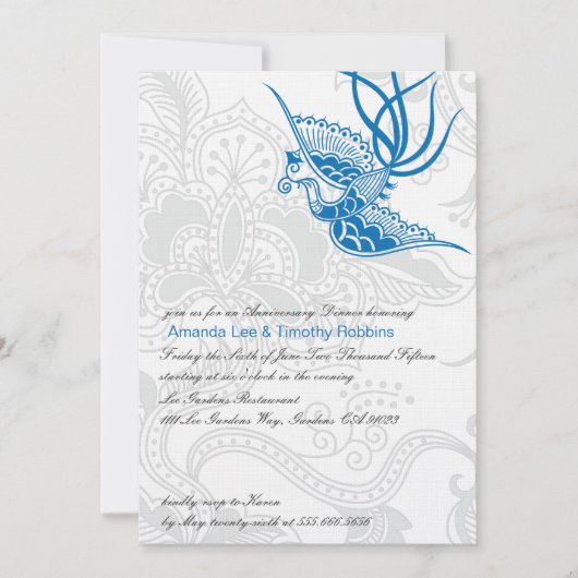 Blue Bird & Floral Wedding Jubileum Invite Kaart (Voorkant)