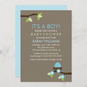Blue Bird Nest and Blossom Boy Baby shower Kaart
