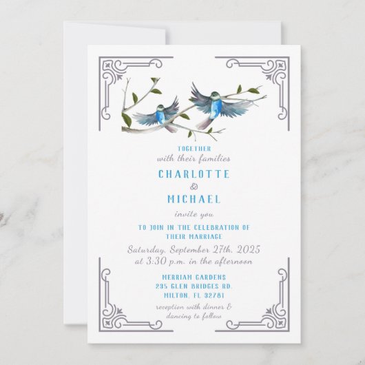 Blue Bird of Happiness Wedding Invitation Kaart (Voorkant)