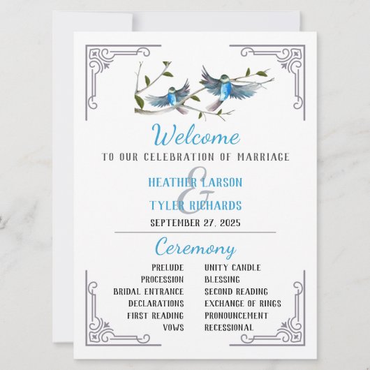 Blue Bird of Happiness Wedding Programme Kaart (Voorkant)