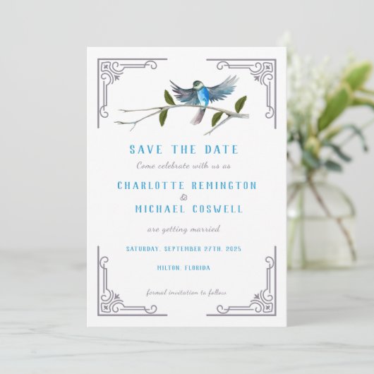 Blue Bird of Happiness Wedding Save the Date Kaart (Staand voorkant)