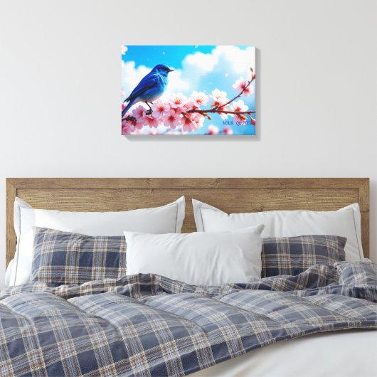 Blue Bird on Cherry Blossom Branch Canvas Afdruk (Insitu (Slaapkamer))