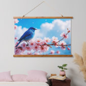 Blue Bird on Cherry Blossom Branch Hangend Wandkleed (Slaapkamer)