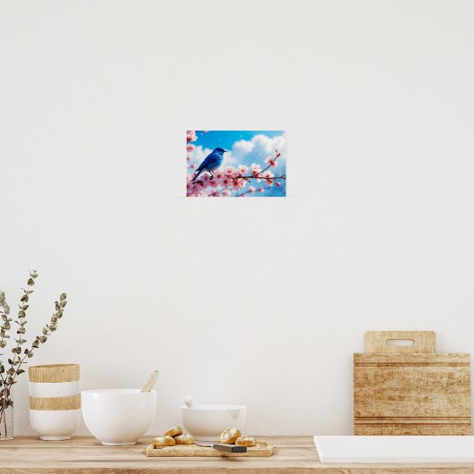 Blue Bird on Cherry Blossom Branch Poster (Keuken)