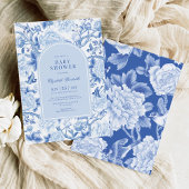 Blue Bird Peony Chinoiserie Baby shower Kaart