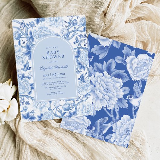Blue Bird Peony Chinoiserie Baby shower Kaart