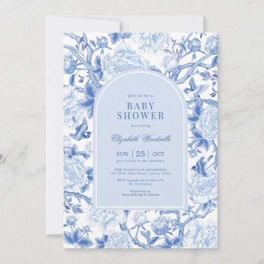 Blue Bird Peony Chinoiserie Baby shower Kaart (Voorkant)