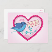 Blue Bird Pink Bedankt Floral Heart Briefkaart (Voorkant / Achterkant)