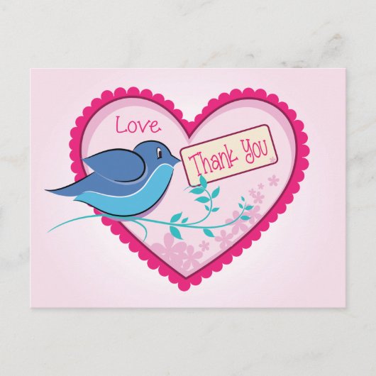 Blue Bird Pink Bedankt Floral Heart Briefkaart (Voorkant)