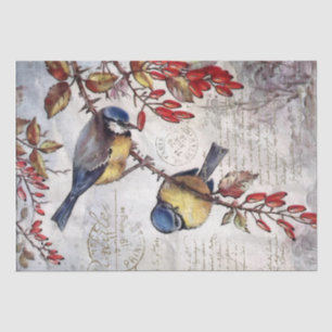 Blue Bird Red Berries French Script Decoupage Tissuepapier