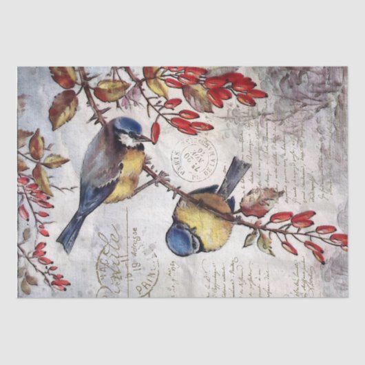 Blue Bird Red Berries French Script Decoupage Tissuepapier (Voorkant)