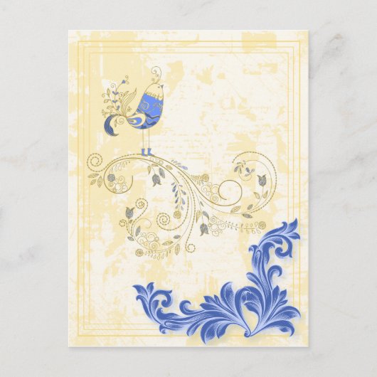 Blue Bird Retro Floral Fine Art Briefkaart (Voorkant)