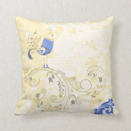 Blue Bird Retro Floral Fine Art Kussen