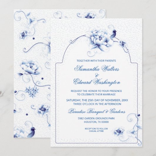 Blue Bird Roos Chinoiserie Floral | Bruiloft Kaart (Voorkant / Achterkant)