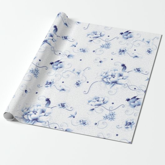 Blue Bird Roos Chinoiserie Floral Cadeaupapier (Uitgerold)