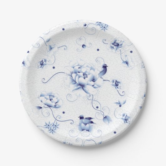 Blue Bird Roos Chinoiserie Floral Papieren Bordje (Voorkant)