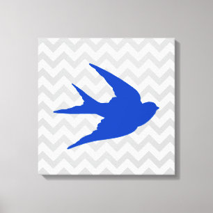 Blue Bird Silhouette op Chevron Stripes Canvas Afdruk