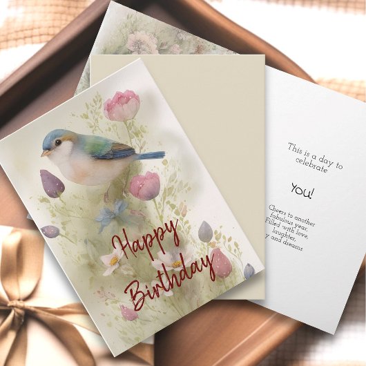 Blue Bird Spring Flowers Waterverf Verjaardag Kaart