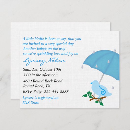 Blue Bird Sprinkle Shower Uitnodiging (Voorkant / Achterkant)