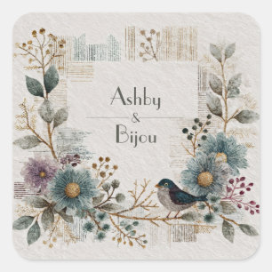 Blue Bird Stof Teal Bloemschildering Folk Art Trou Vierkante Sticker